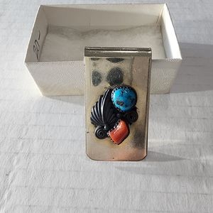 NAVAJO TURQUOISE & CORAL SILVER MONEY CLIP VINTAGE